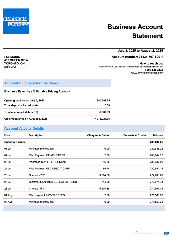 Download USA American Express firm account statement Word and PDF template Photoshop template